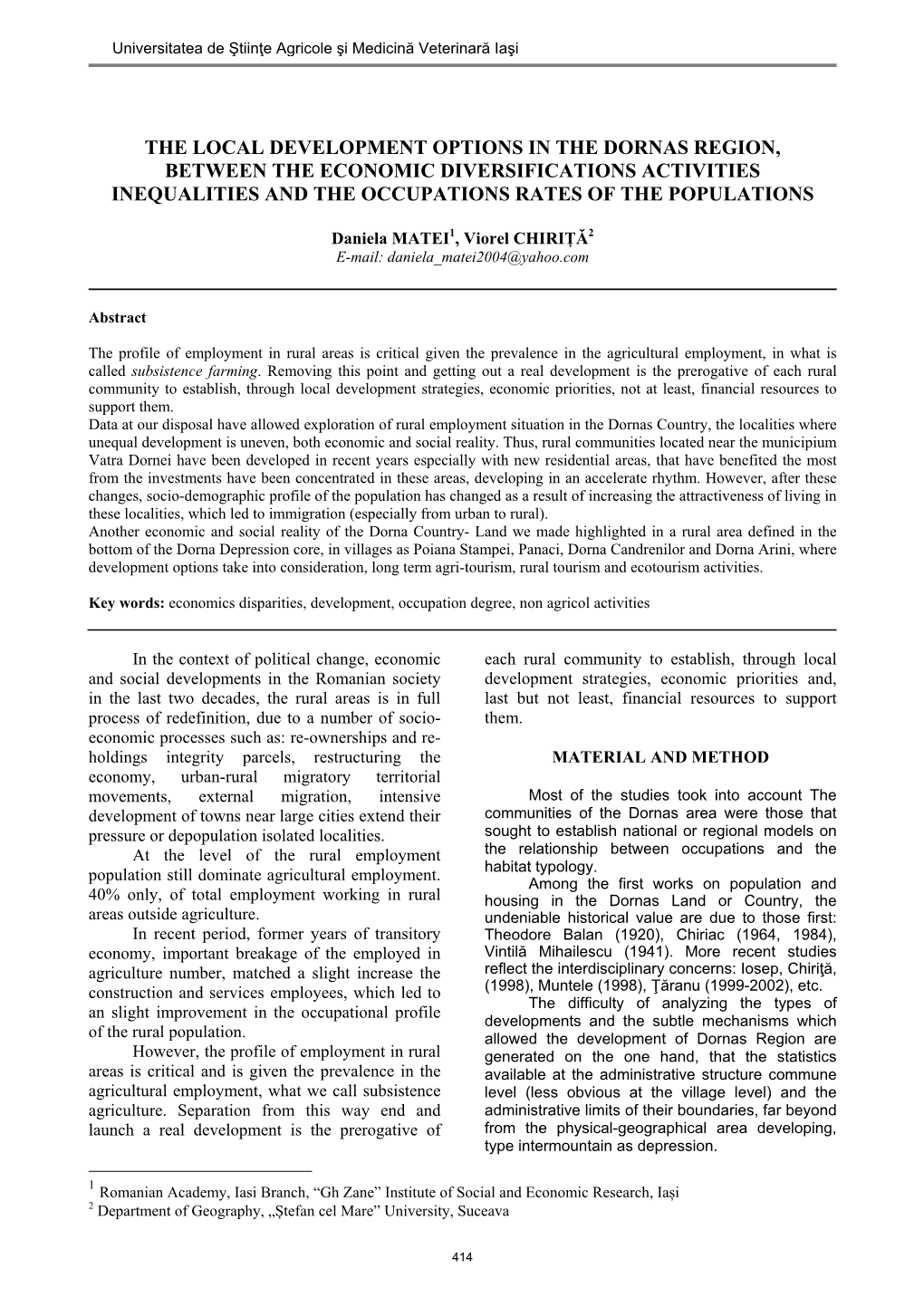 The Local Development Options in the Dornas Region, Between the Economic Diversifications Activities Inequalities and the Occupations Rates of the Populations