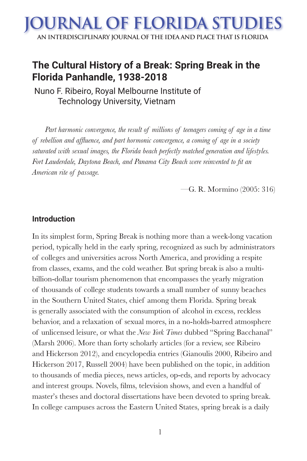 Spring Break in the Florida Panhandle, 1938-2018 Nuno F