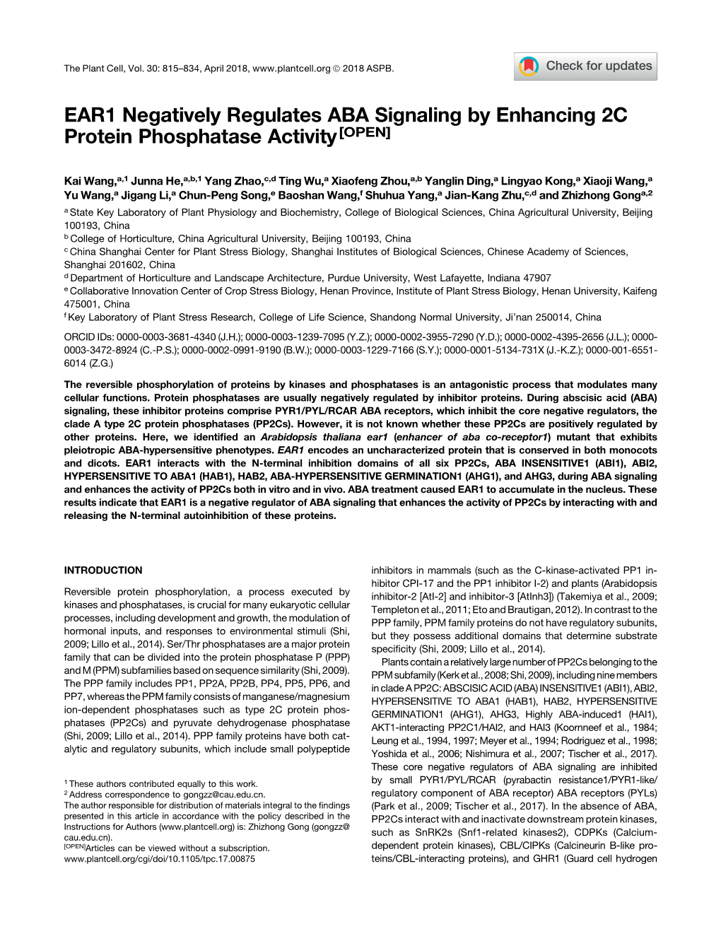 EAR1 Negatively Regulates ABA Signaling by Enhancing 2C Protein Phosphatase Activity [OPEN]