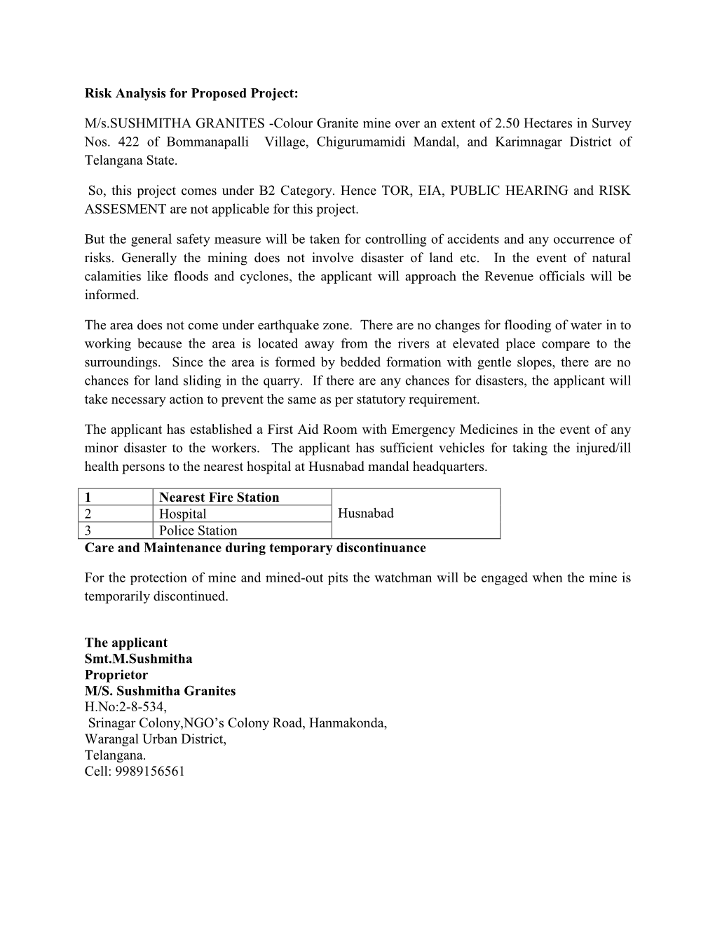 Risk Analysis for Proposed Project: M/S.SUSHMITHA GRANITES