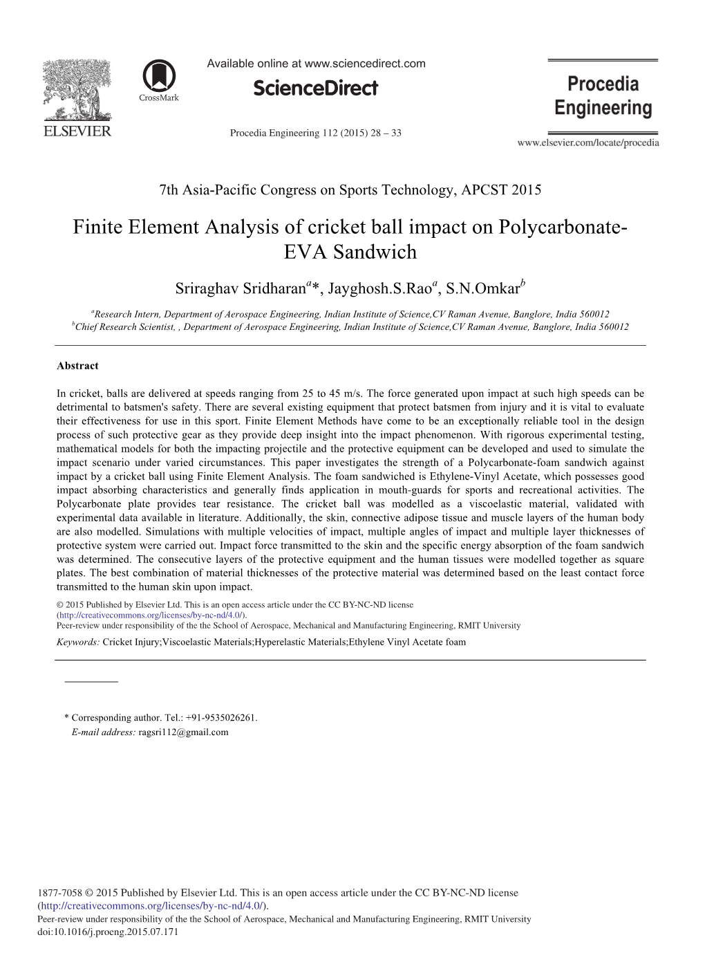 Finite Element Analysis of Cricket Ball Impact on Polycarbonate-EVA