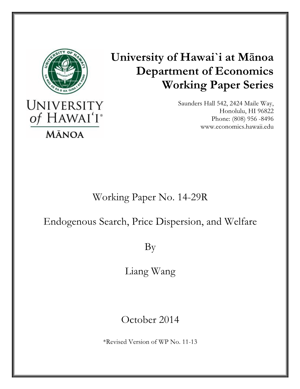 University of Hawai`I at Mānoa Department of Economics Working Paper Series