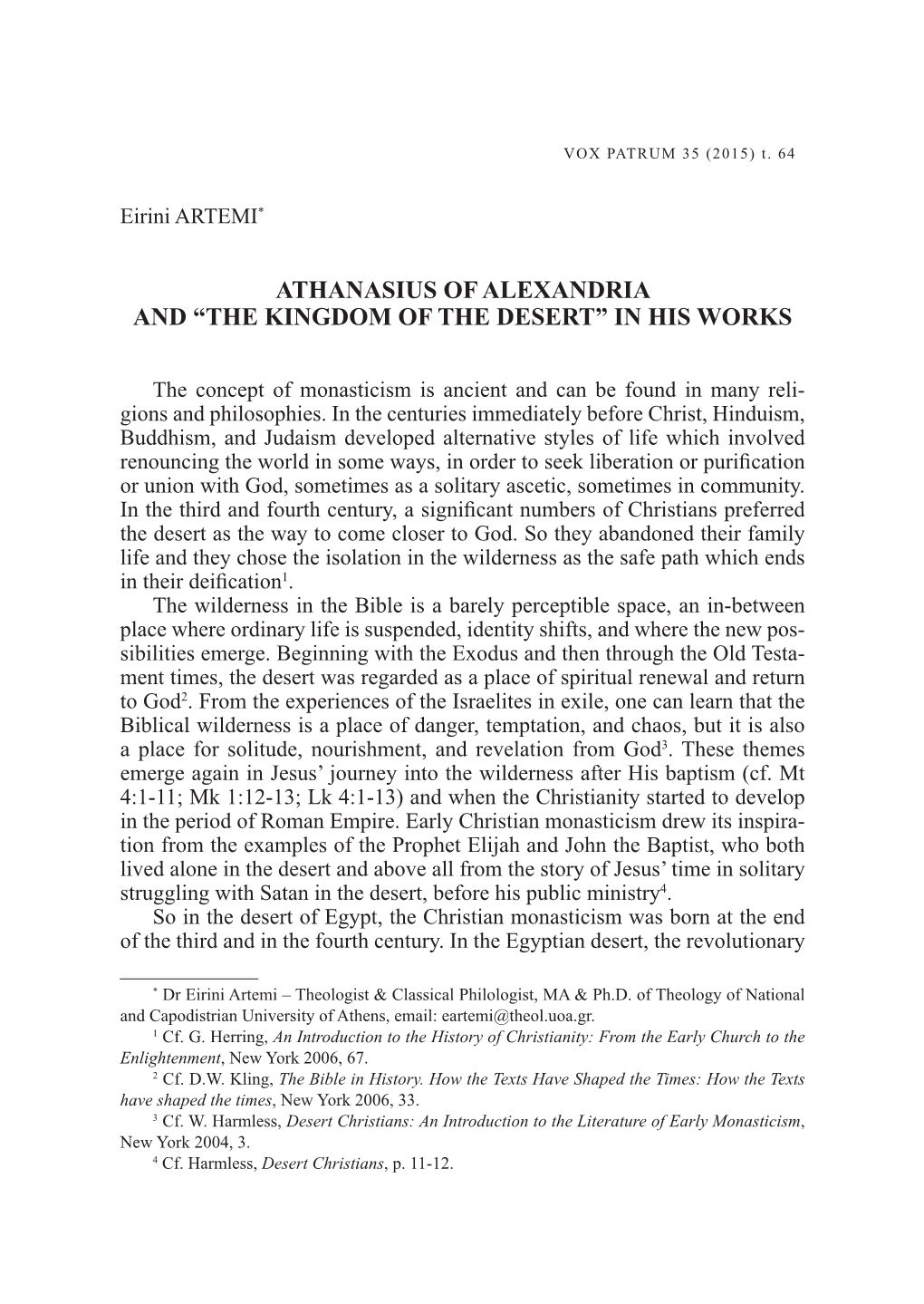 Athanasius of Alexandria and “The Kingdom of the Desert” in His Works