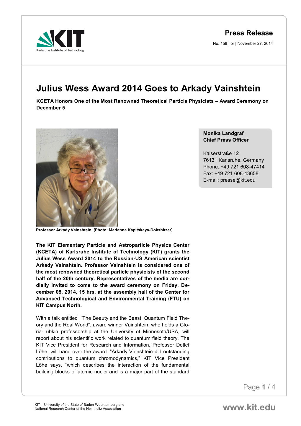 Julius Wess Award 2014 Goes to Arkady Vainshtein