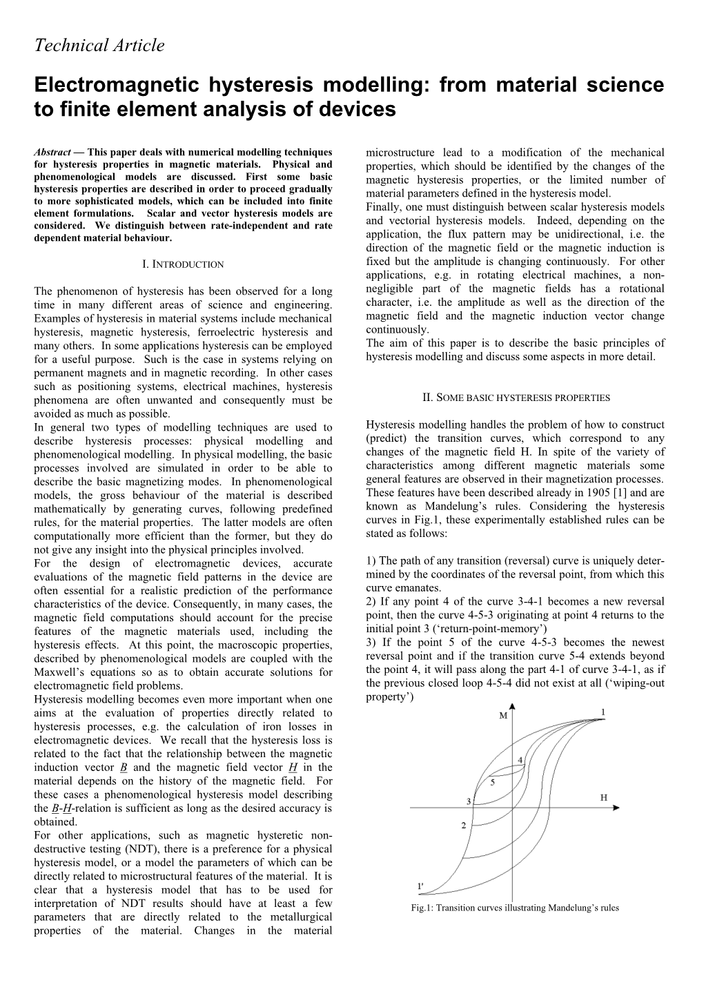 Electromagnetic Hysteresis Modelling: from Material Science to Finite Element Analysis of Devices