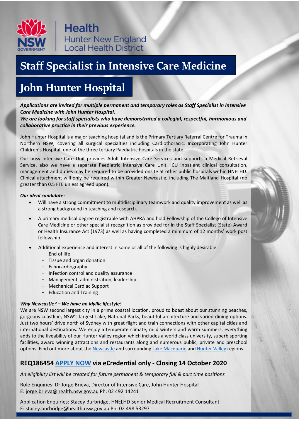 Staff Specialist in Intensive Care Medicine John Hunter Hospital