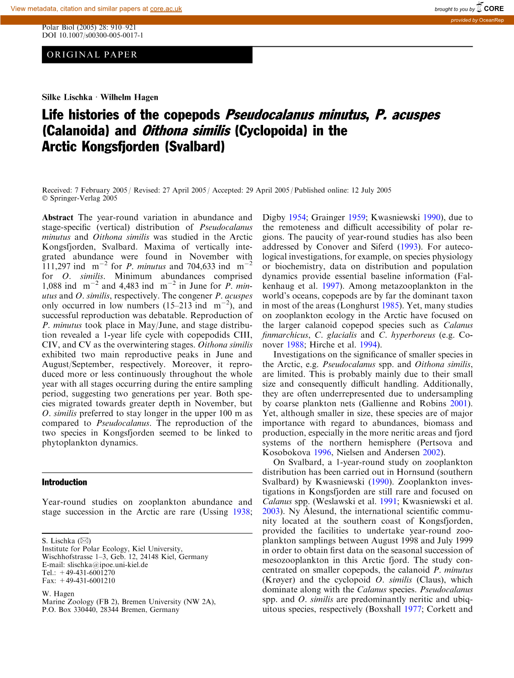 Life Histories of the Copepods Pseudocalanus Minutus, P. Acuspes (Calanoida) and Oithona Similis (Cyclopoida) in the Arctic Kongsfjorden (Svalbard)