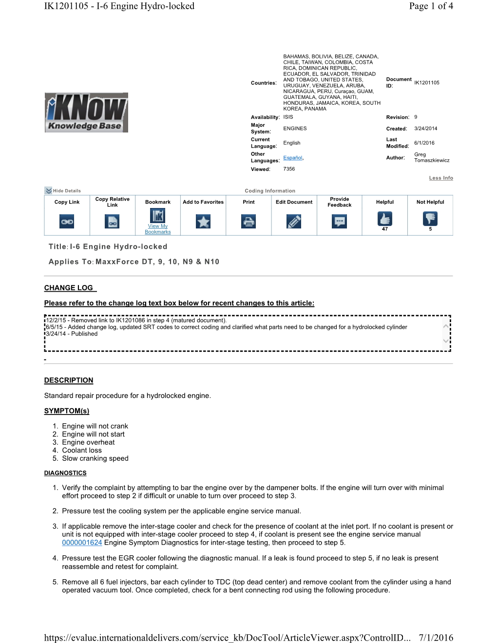 Page 1 of 4 IK1201105 I6 Engine Hydrolocked 7/1/2016