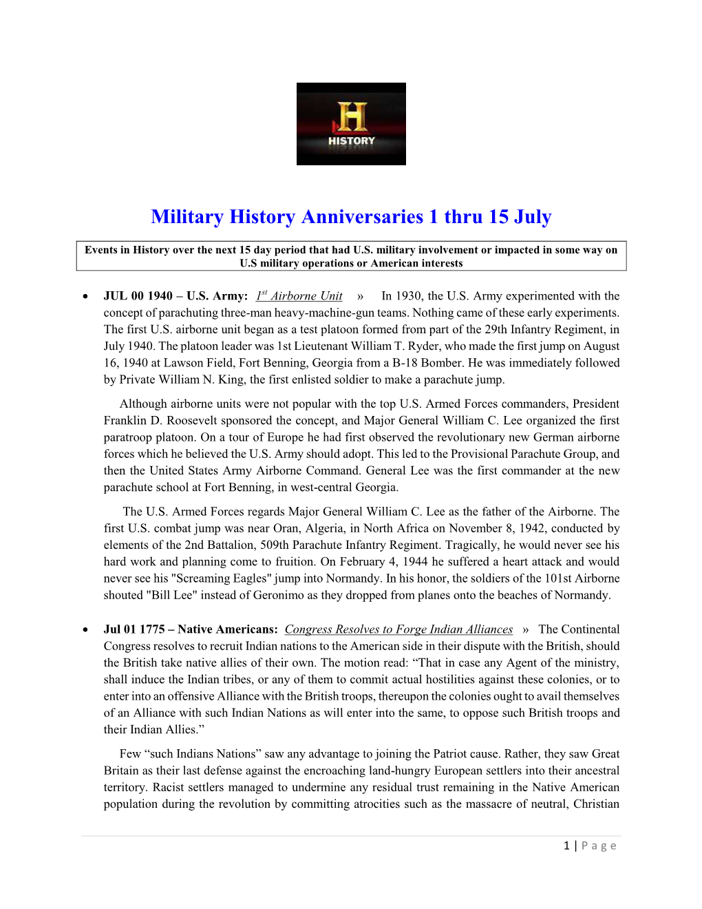 Military History Anniversaries 1 Thru 15 July