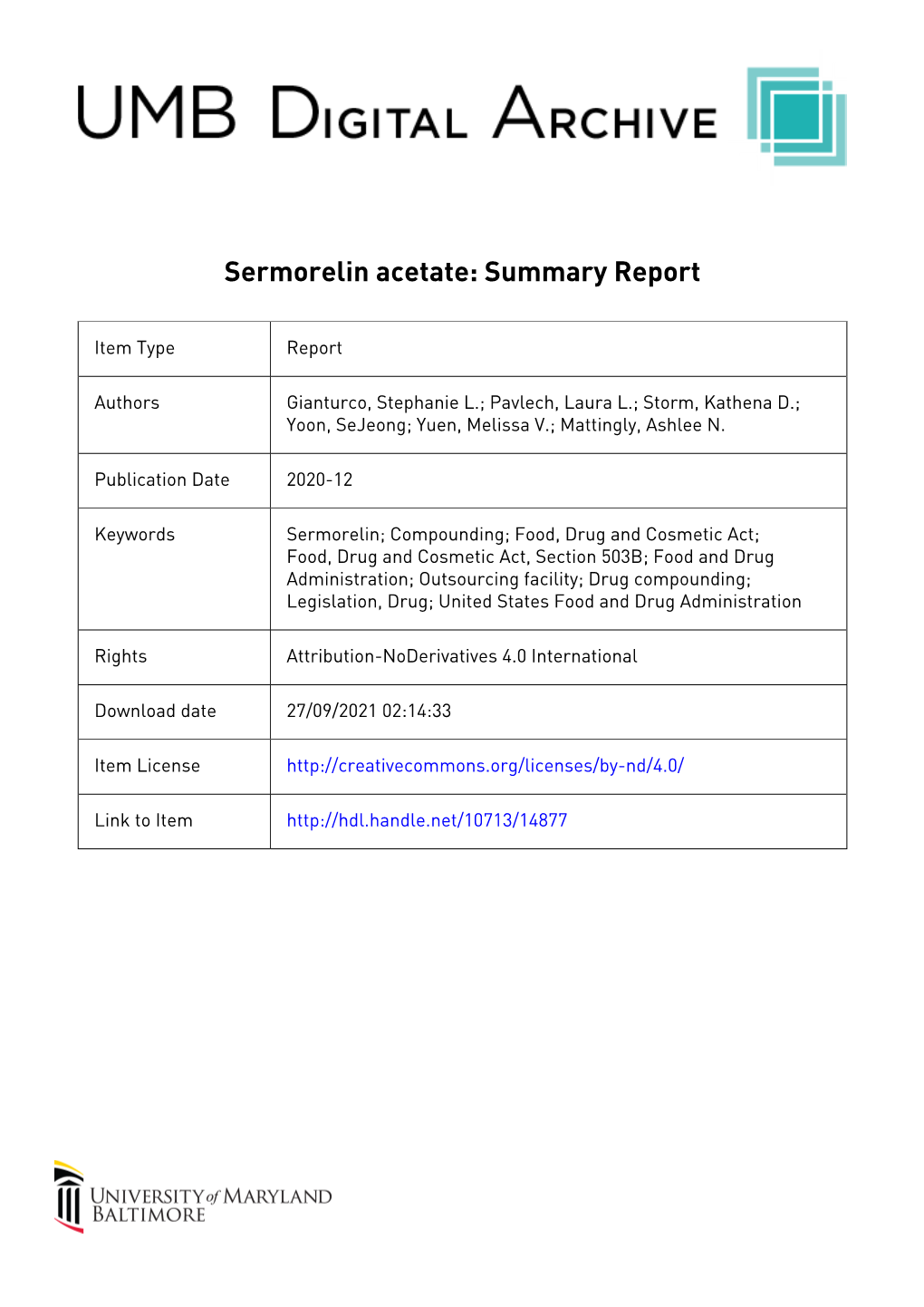 Sermorelin Acetate: Summary Report