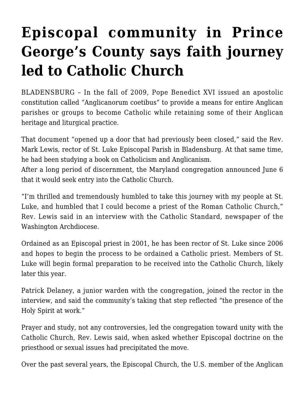 Episcopal Community in Prince George's County Says Faith Journey
