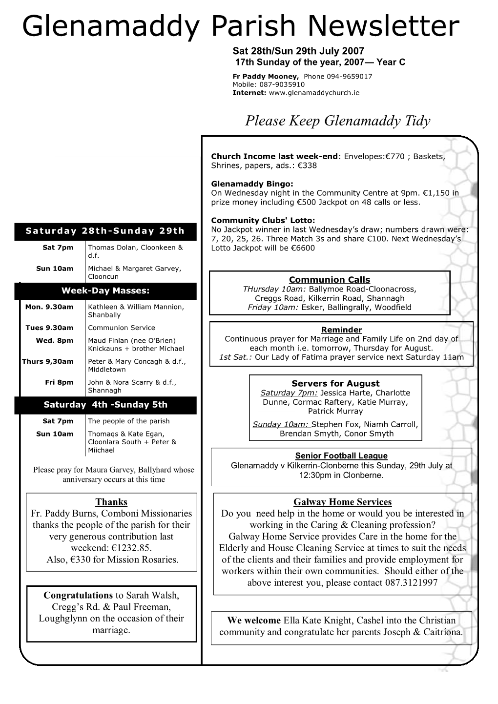 Glenamaddy Parish Newsletter Sat 28Th/Sun 29Th July 2007 17Th Sunday of the Year, 2007— Year C