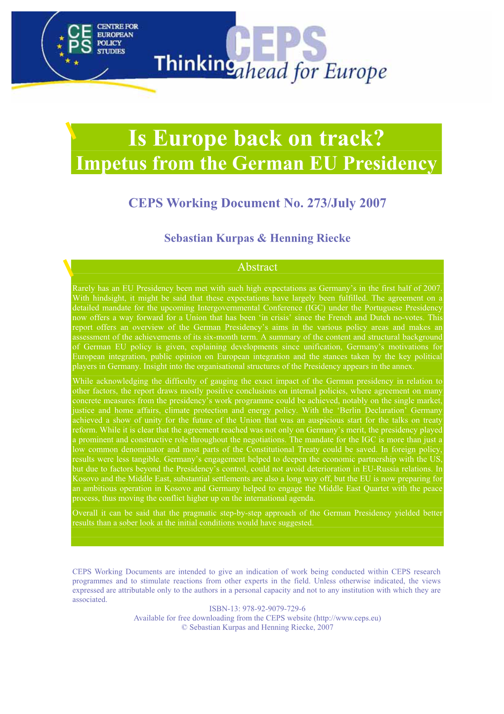 Is Europe Back on Track? Impetus from the German EU Presidency