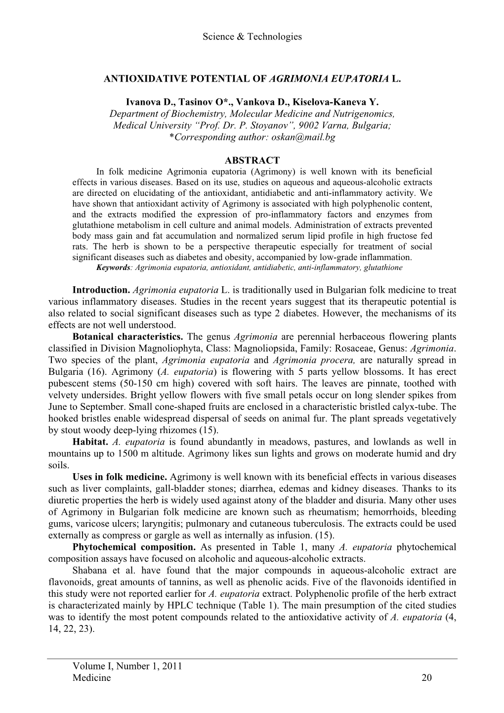 Antioxidative Potential of Agrimonia Eupatoria L