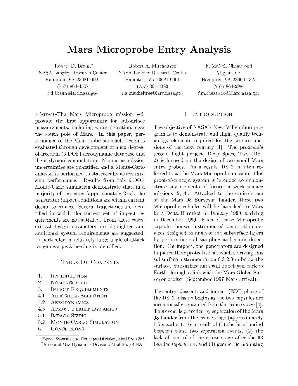 Mars Microprobe Entry Analysis