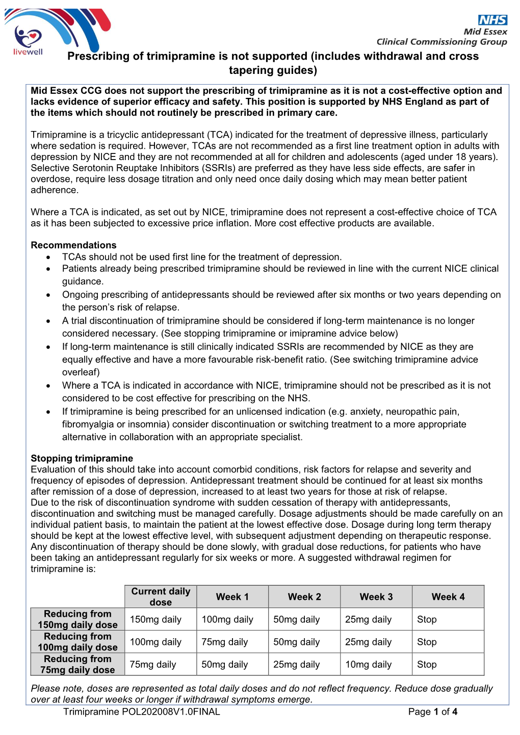 Prescribing of Trimipramine Is Not Supported (Includes Withdrawal and Cross Tapering Guides)