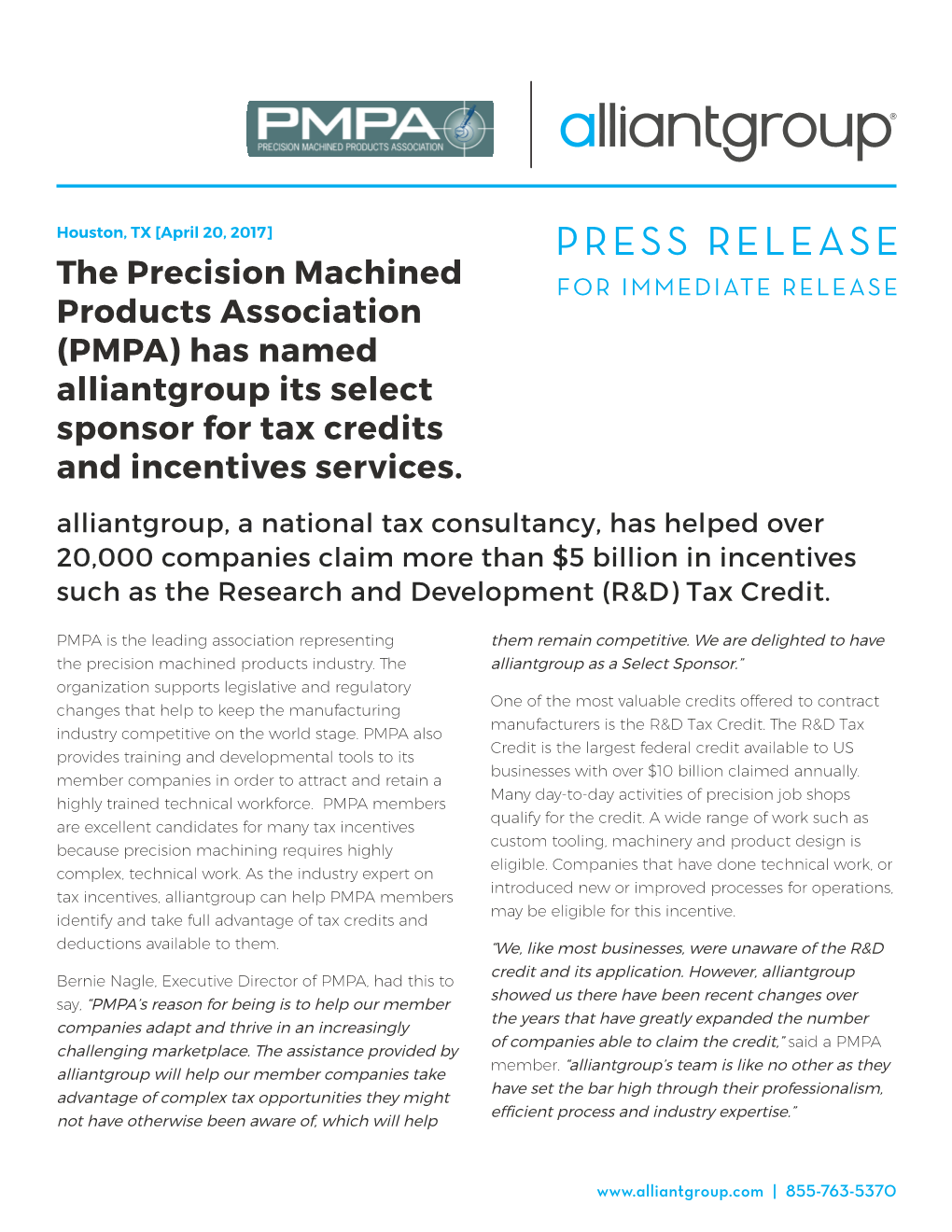 The Precision Machined Products Association (PMPA) Has Named Alliantgroup Its Select Sponsor for Tax Credits and Incentives Services