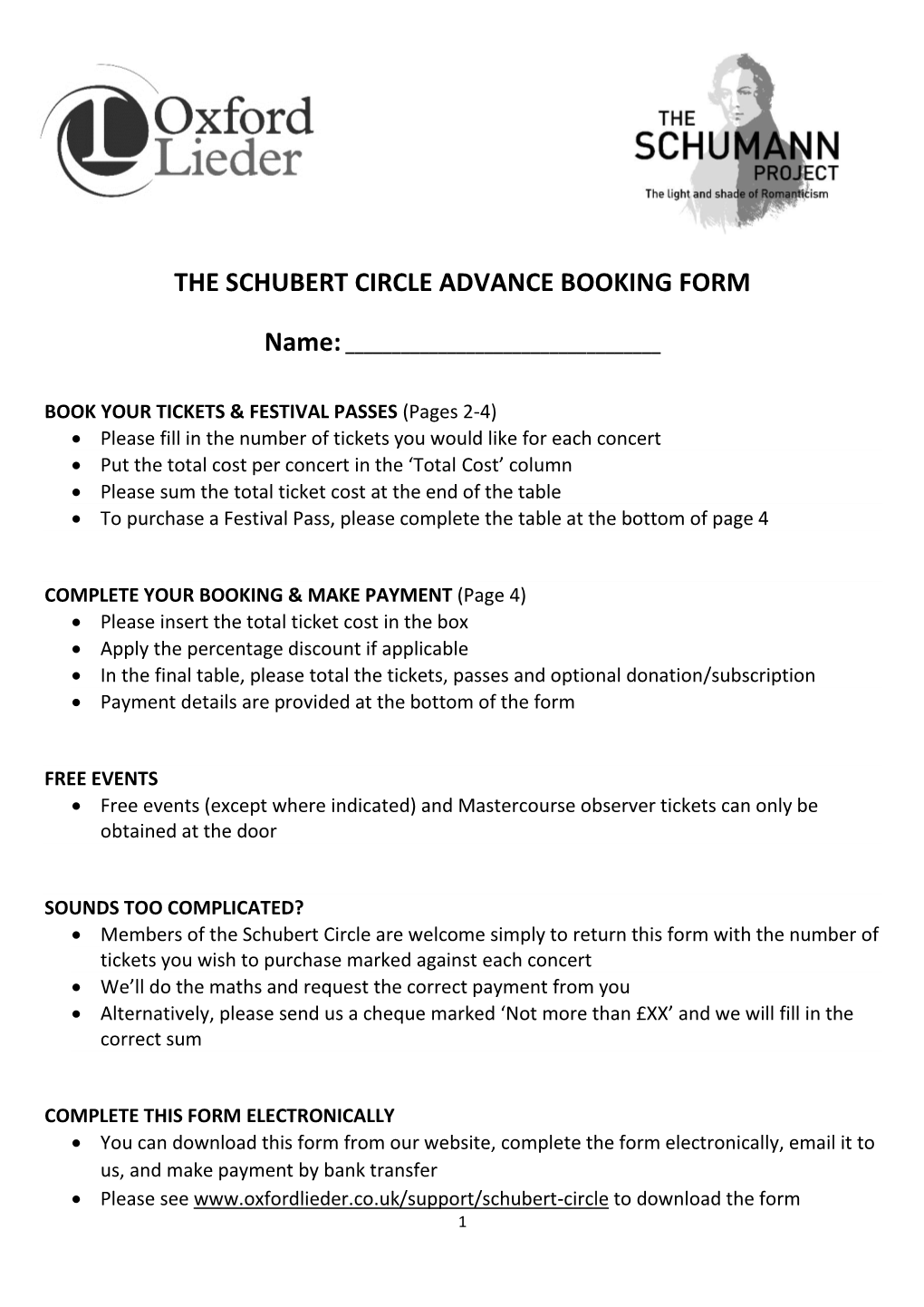 The Schubert Circle Advance Booking Form