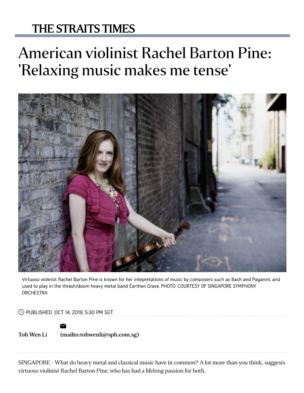 American Violinist Rachel Barton Pine: 'Relaxing Music Makes Me Tense'
