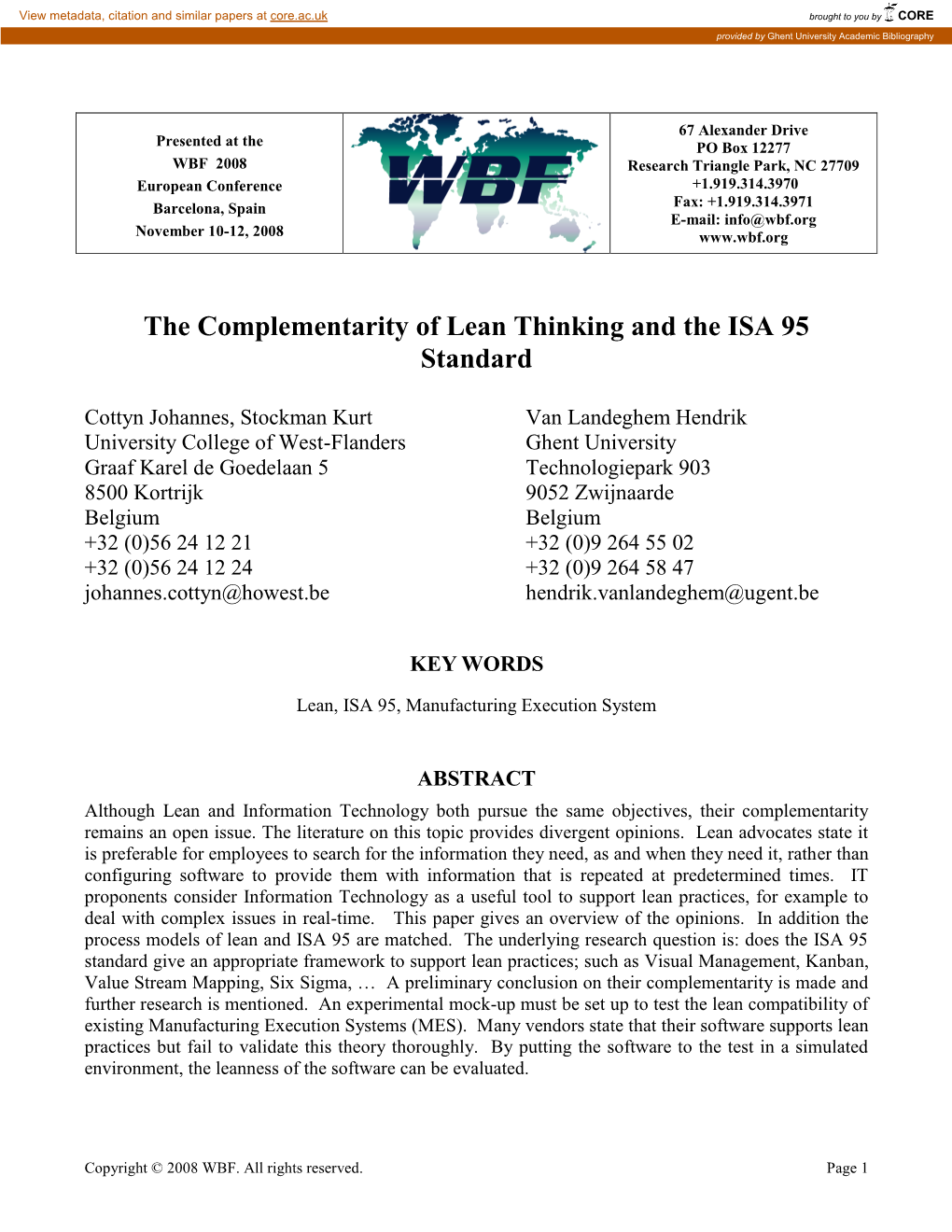 The Complementarity of Lean Thinking and the ISA 95 Standard