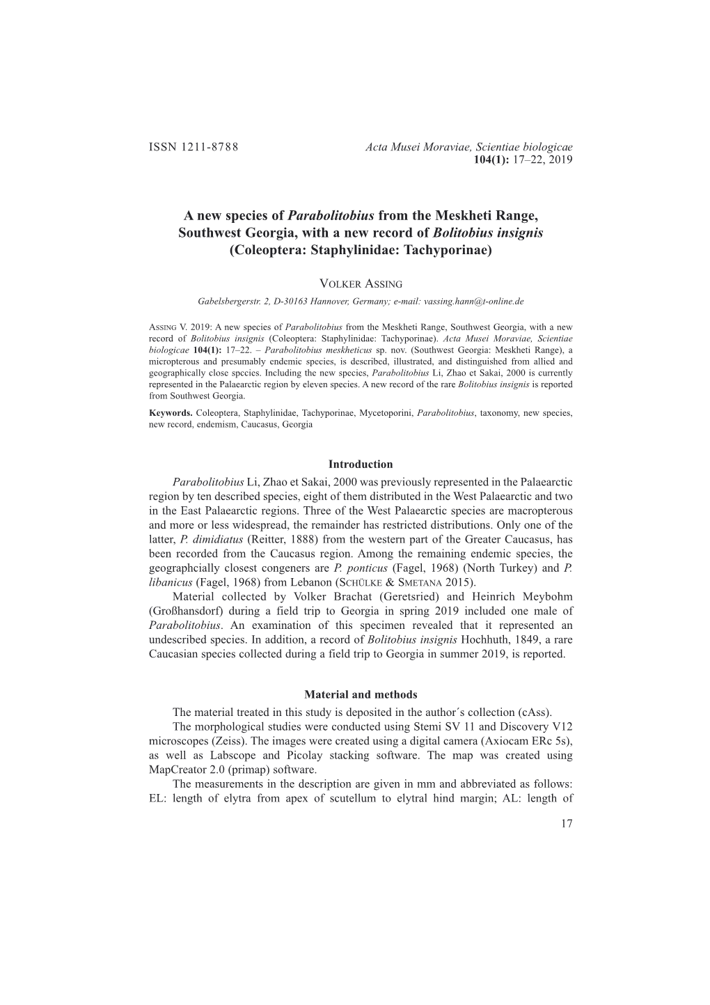 A New Species of Parabolitobius from the Meskheti Range, Southwest Georgia, with a New Record of Bolitobius Insignis (Coleoptera: Staphylinidae: Tachyporinae)