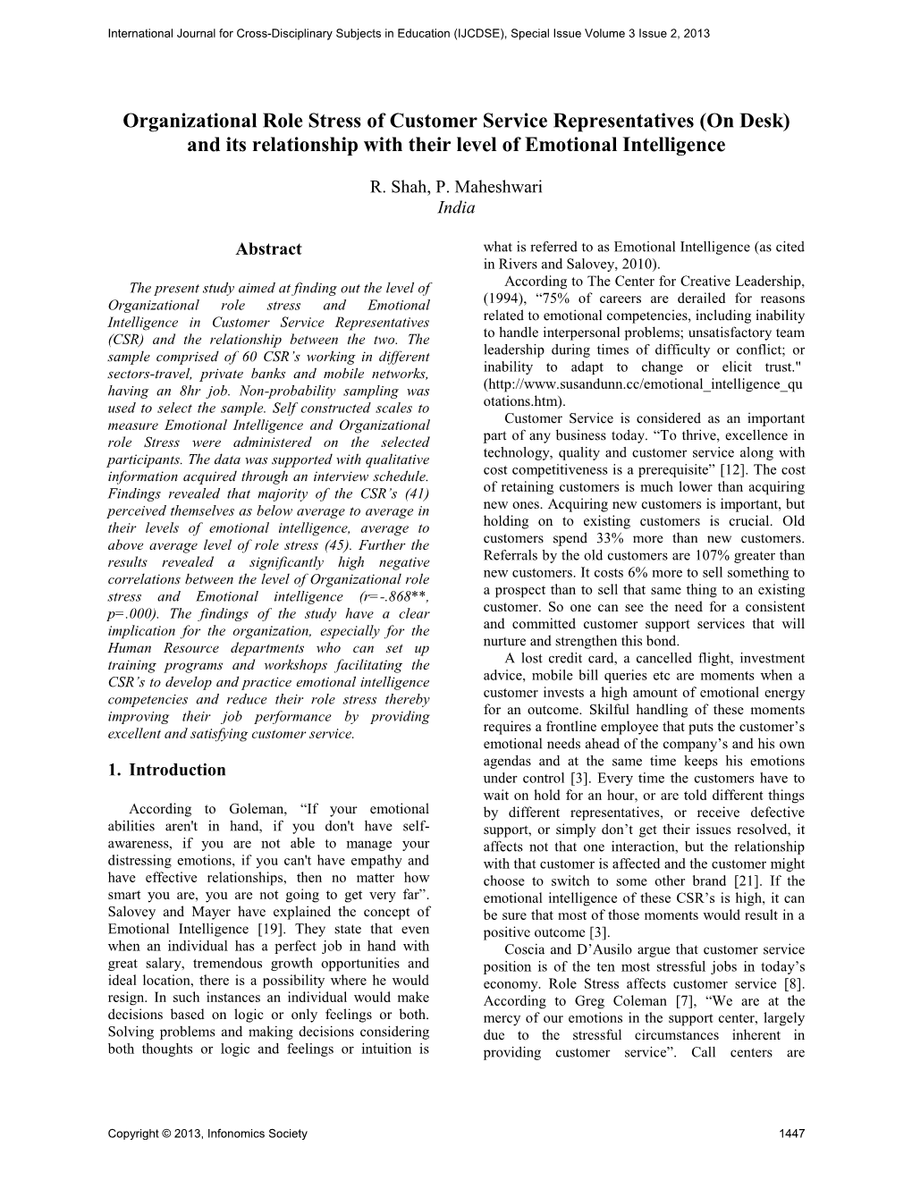 Organizational Role Stress of Customer Service Representatives (On Desk) and Its Relationship with Their Level of Emotional Intelligence