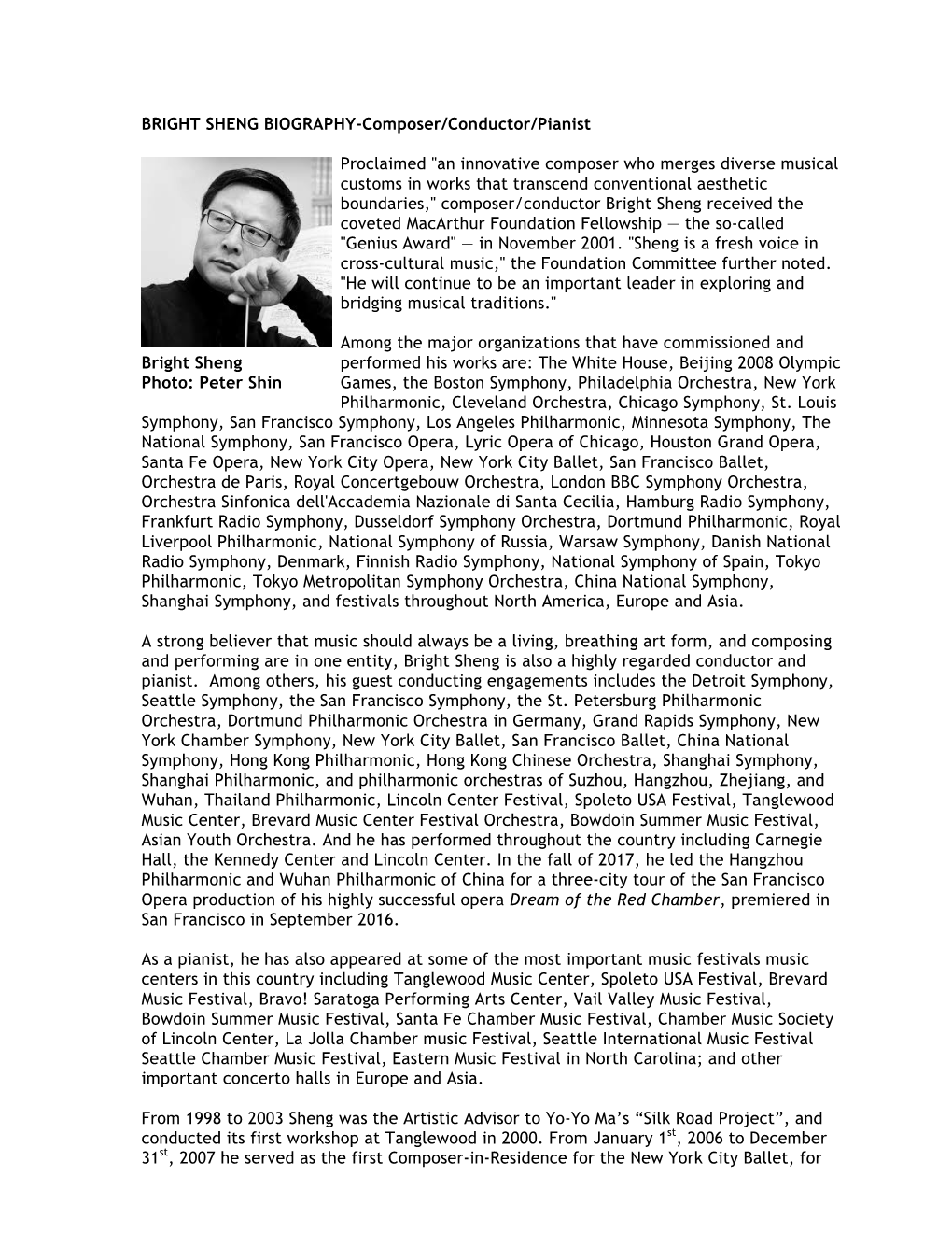 BRIGHT SHENG BIOGRAPHY-Composer/Conductor/Pianist