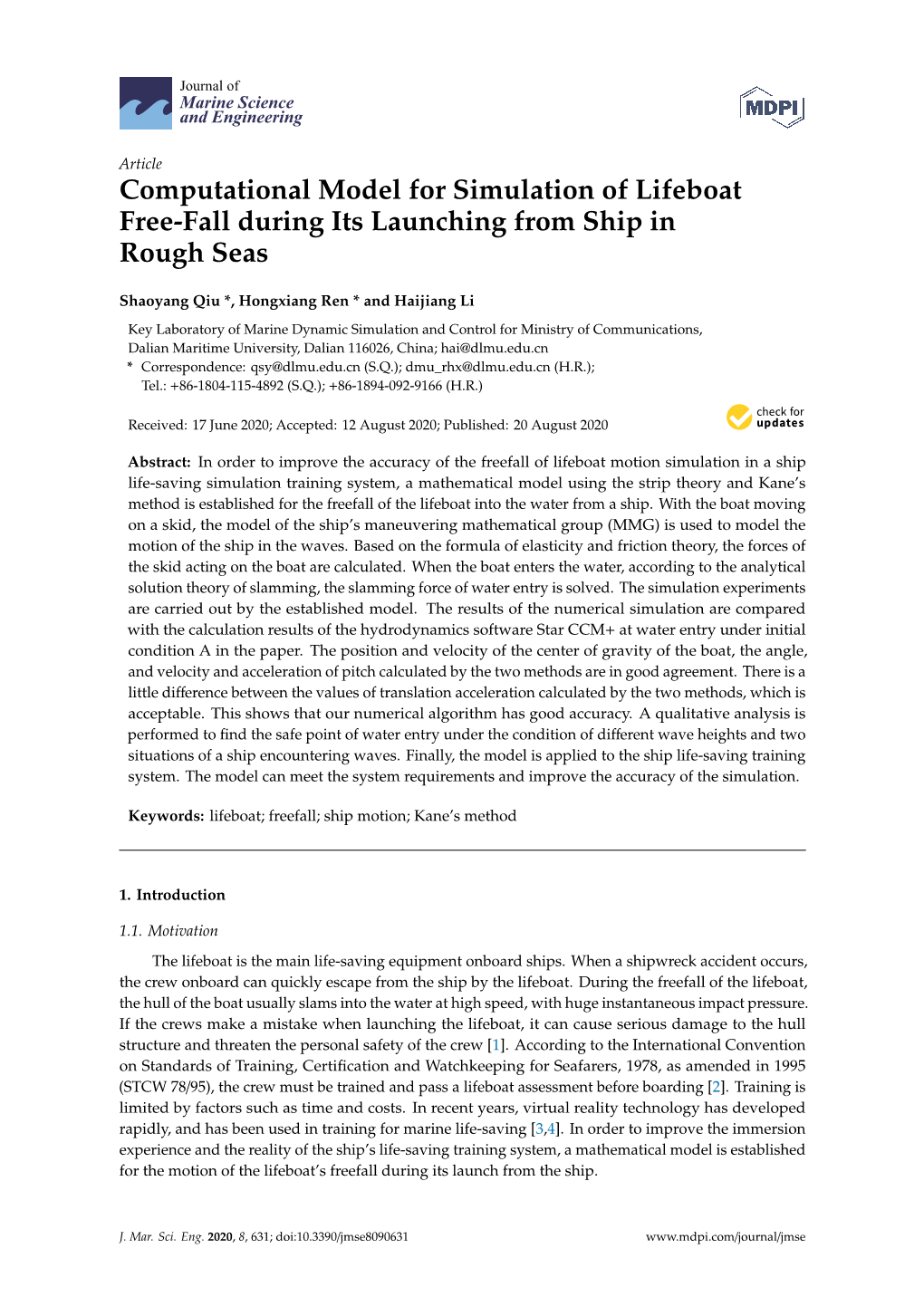 Computational Model for Simulation of Lifeboat Free-Fall During Its Launching from Ship in Rough Seas