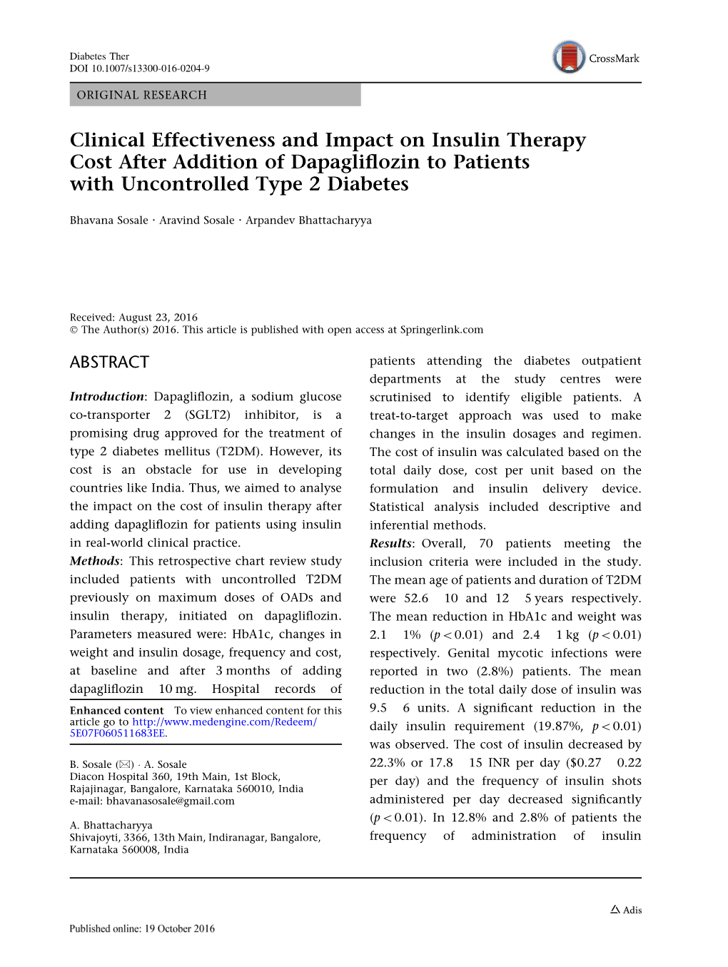 Clinical Effectiveness and Impact on Insulin Therapy Cost After Addition of Dapagliﬂozin to Patients with Uncontrolled Type 2 Diabetes