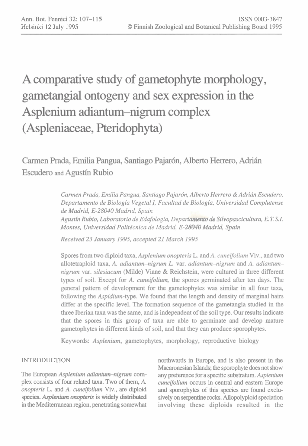 A Comparative Study of Gametophyte Morphology, Garnetangial Ontogeny and Sex Expression in the Asplenium Adiantum-Nigrum Complex (Aspleniaceae, Pteridophyta)