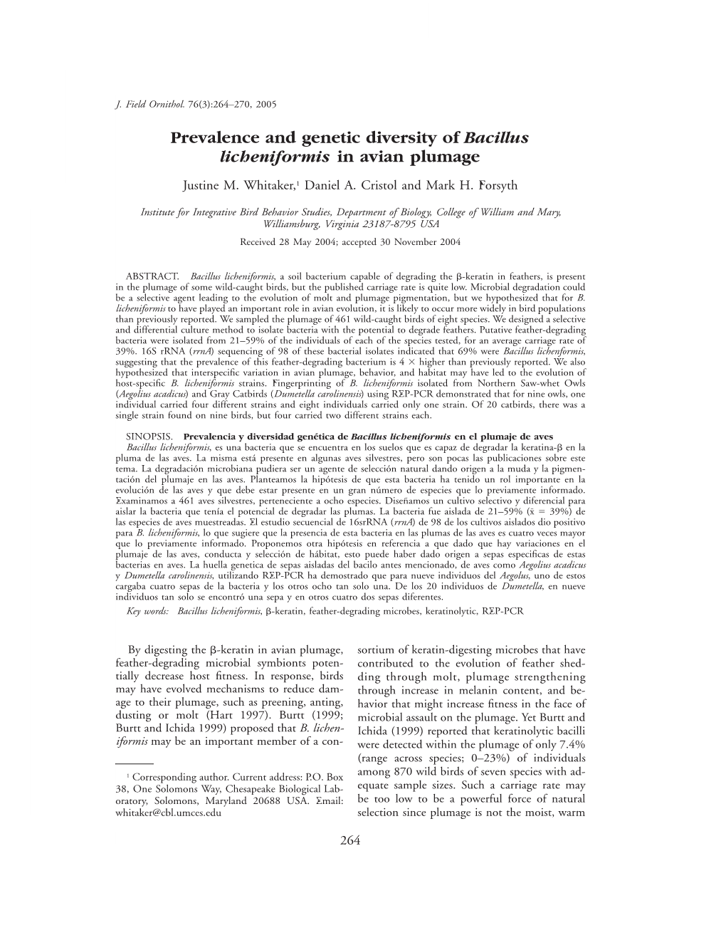 Prevalence and Genetic Diversity of Bacillus Licheniformis in Avian Plumage