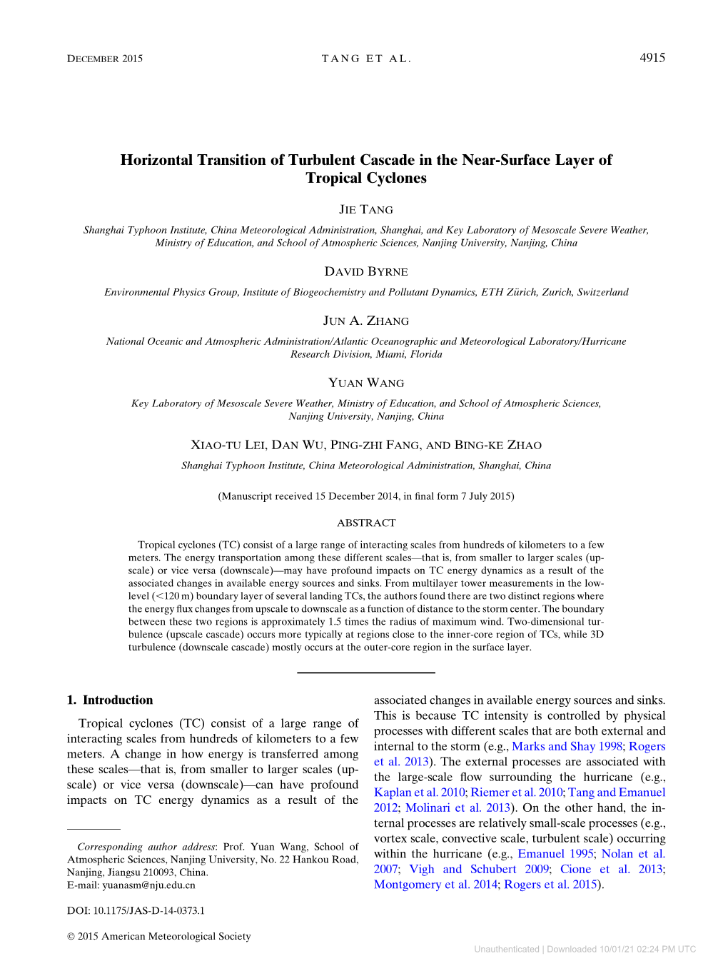 Downloaded 10/01/21 02:24 PM UTC 4916 JOURNAL of the ATMOSPHERIC SCIENCES VOLUME 72