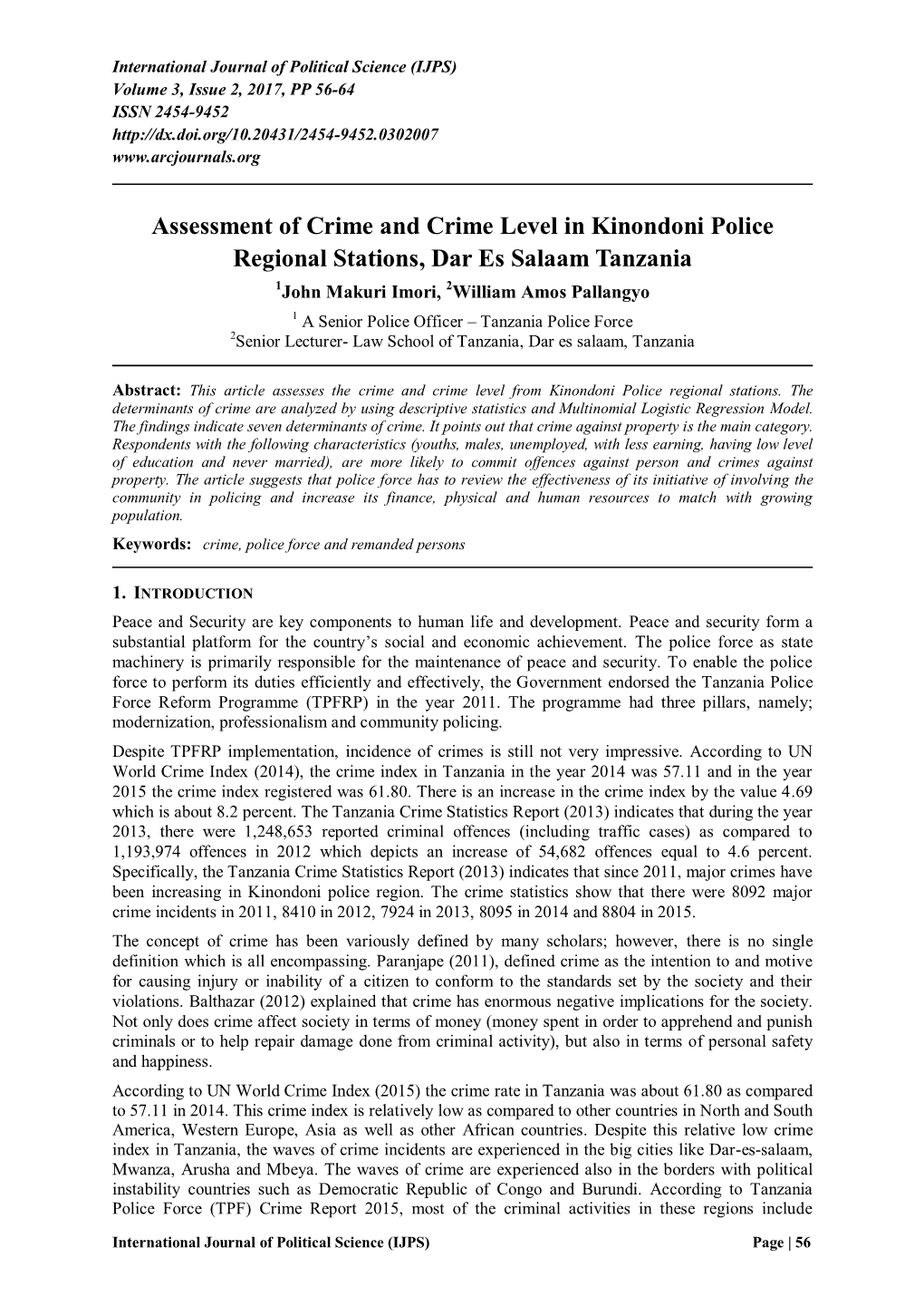 Assessment of Crime and Crime Level in Kinondoni Police Regional