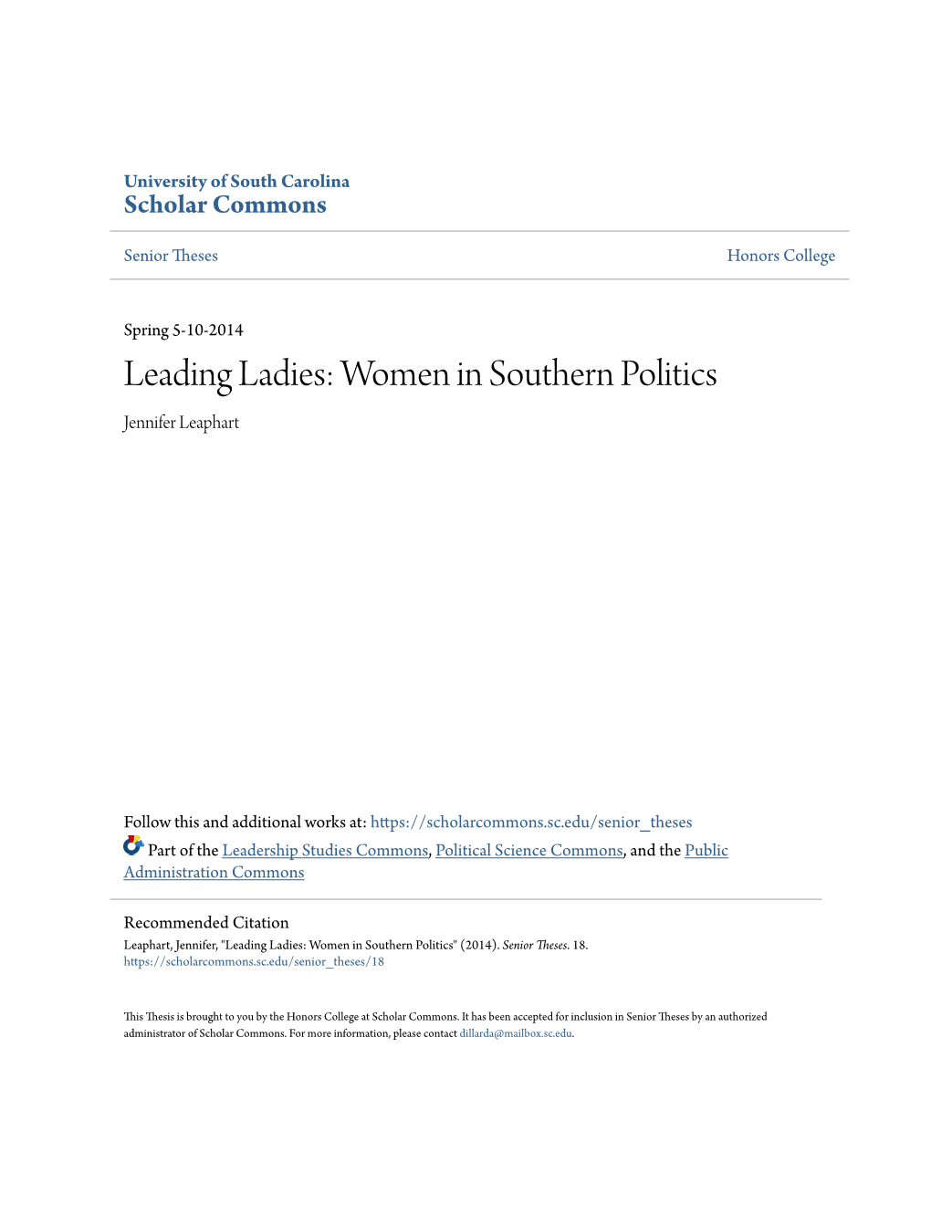 Leading Ladies: Women in Southern Politics Jennifer Leaphart