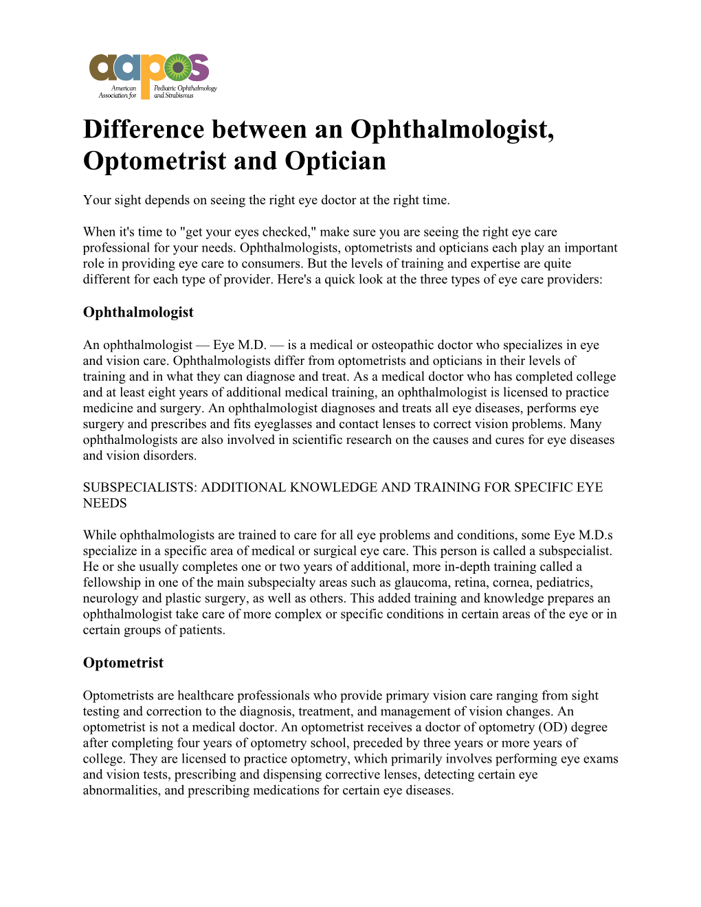 What Is the Difference Between an Ophthalmologist, Optometrist And