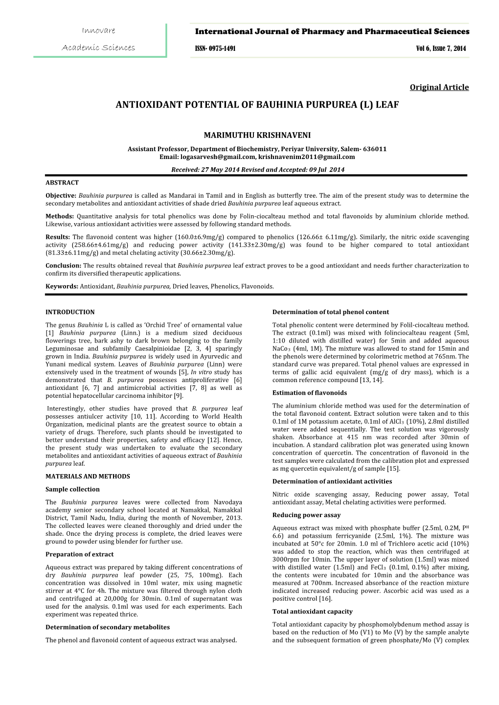 Antioxidant Potential of Bauhinia Purpurea (L) Leaf