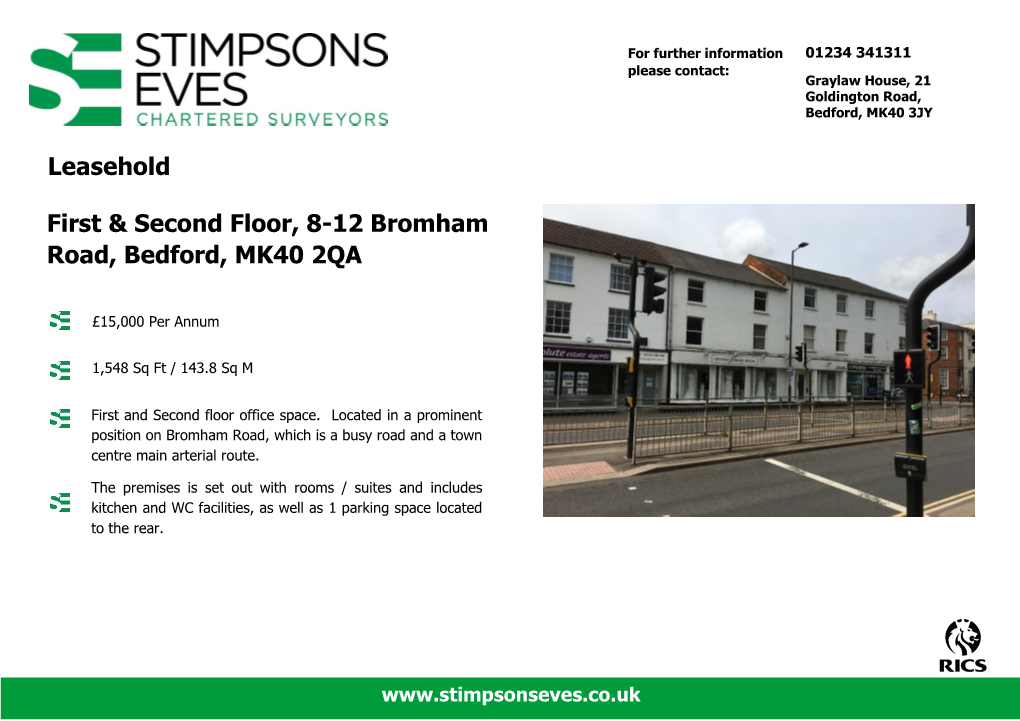 First & Second Floor, 8-12 Bromham Road, Bedford, MK40 2QA Leasehold