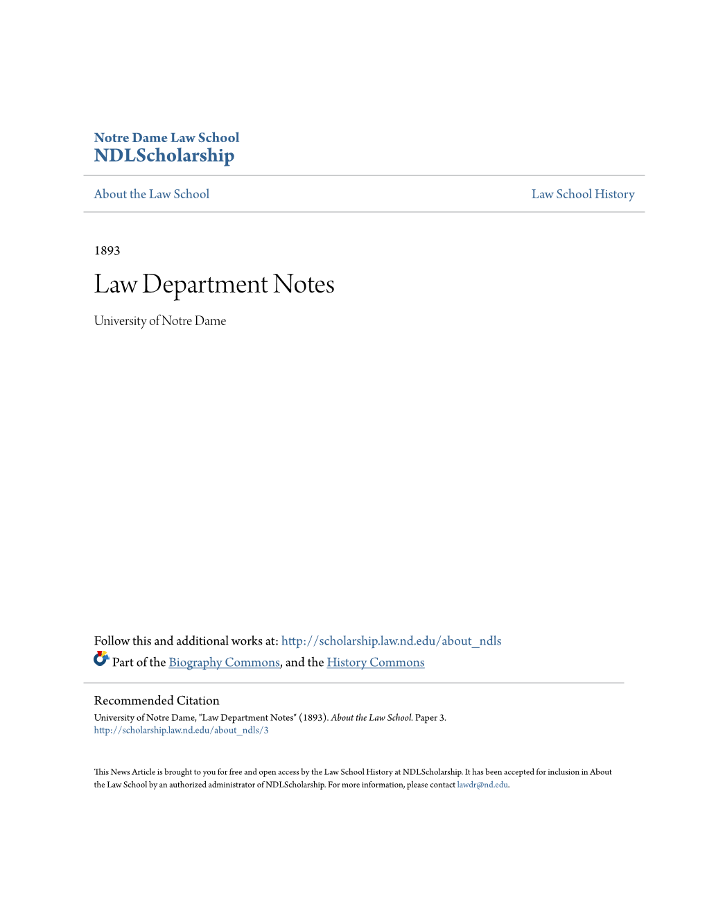 Law Department Notes University of Notre Dame