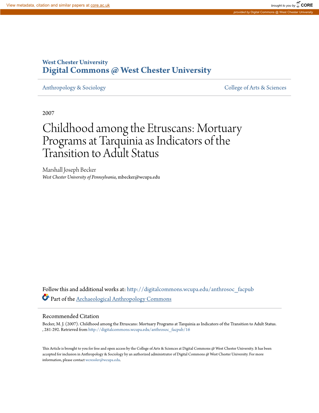 Childhood Among the Etruscans: Mortuary Programs at Tarquinia As