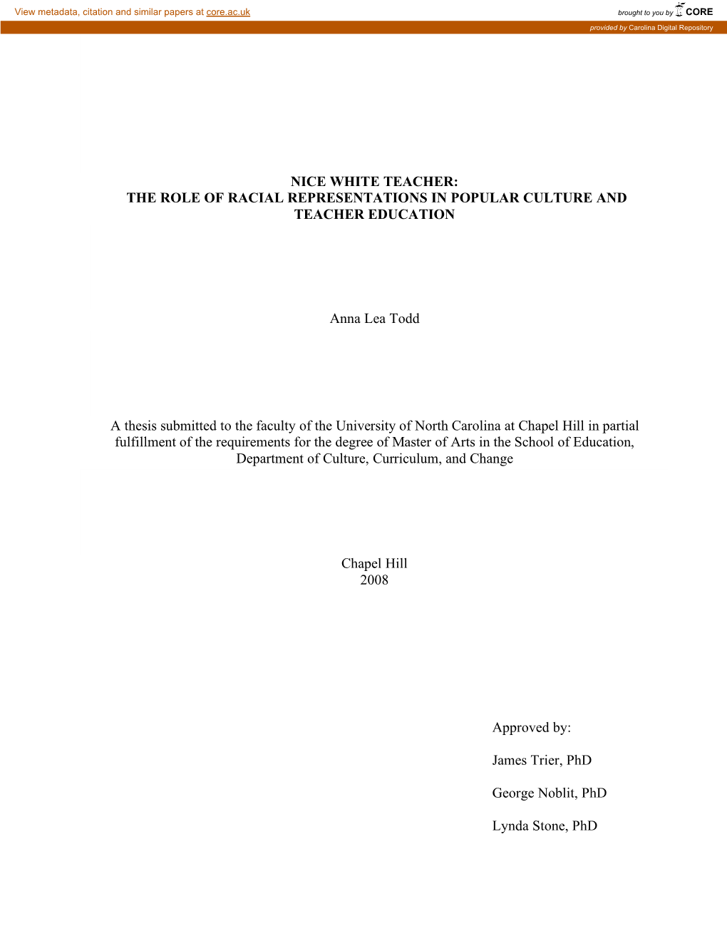 Nice White Teacher: the Role of Racial Representations in Popular Culture and Teacher Education