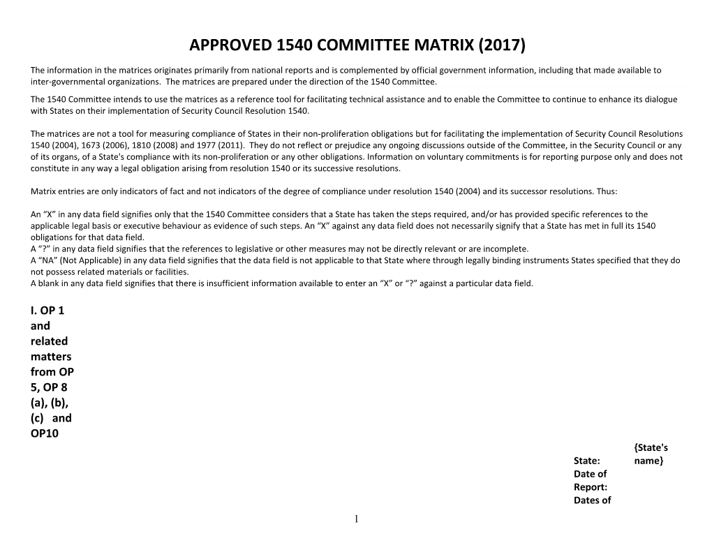 Approved 1540 Committee Matrix of State