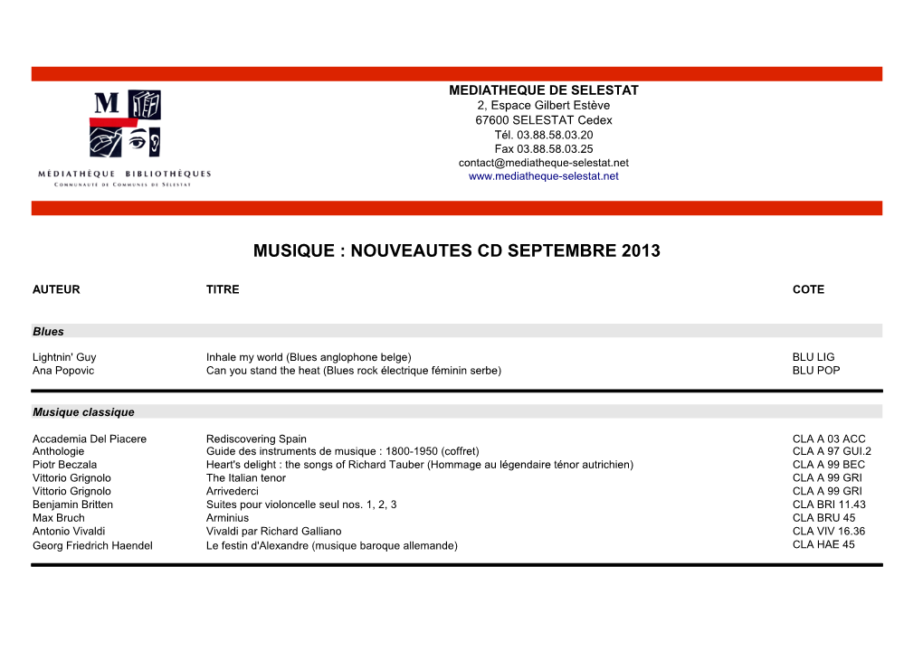 Musique : Nouveautes Cd Septembre 2013