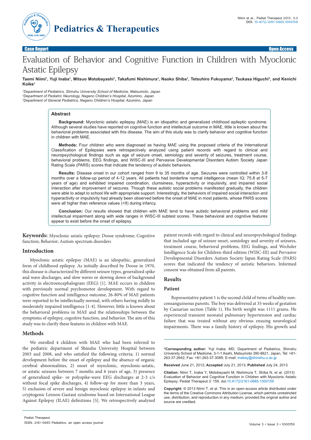 Evaluation of Behavior and Cognitive Function in Children with Myoclonic