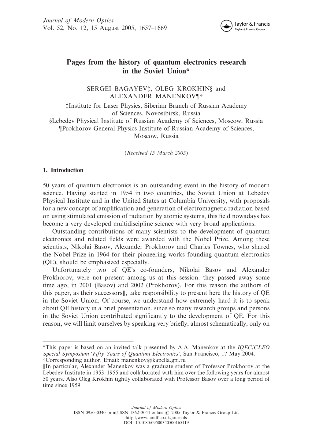 Pages from the History of Quantum Electronics Research in the Soviet Union*