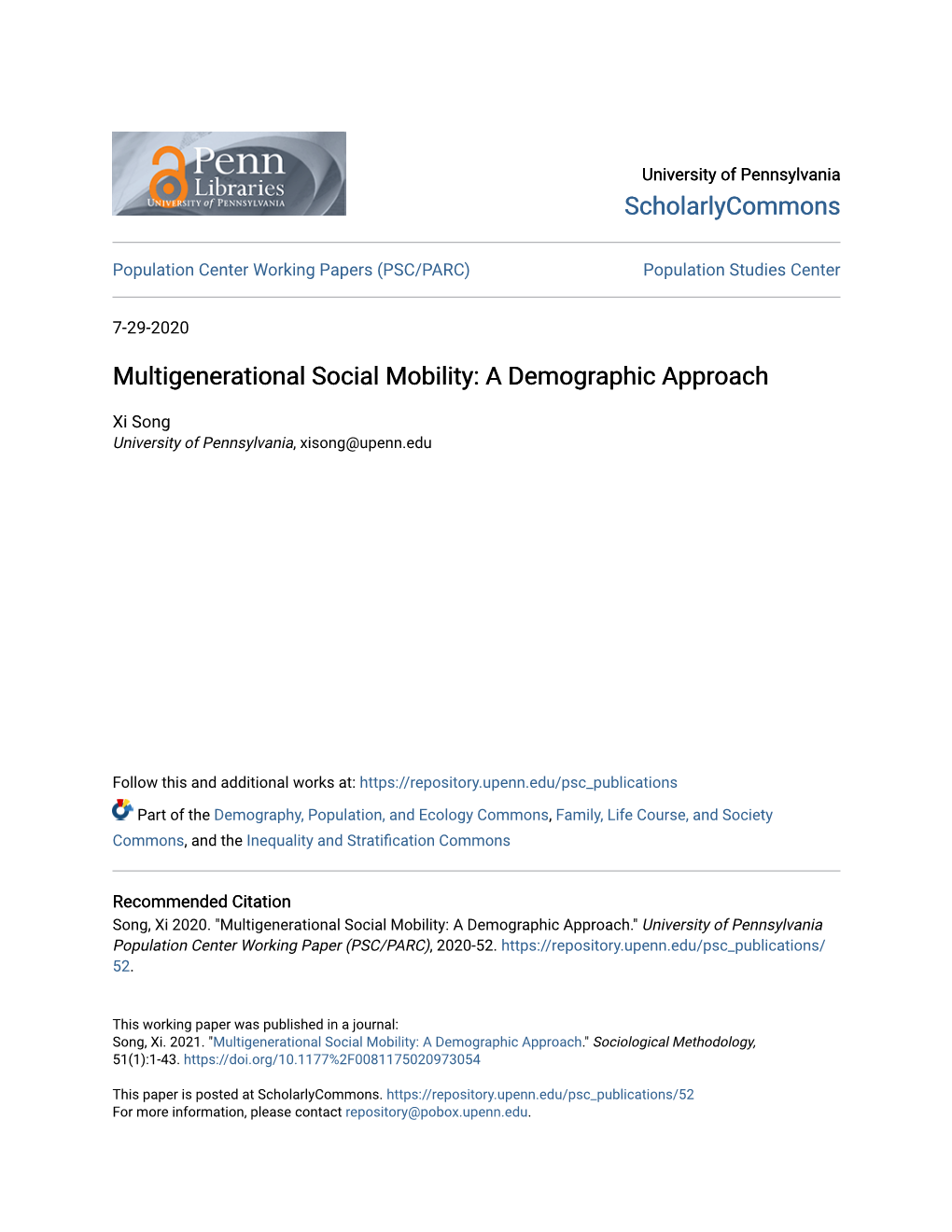 Multigenerational Social Mobility: a Demographic Approach