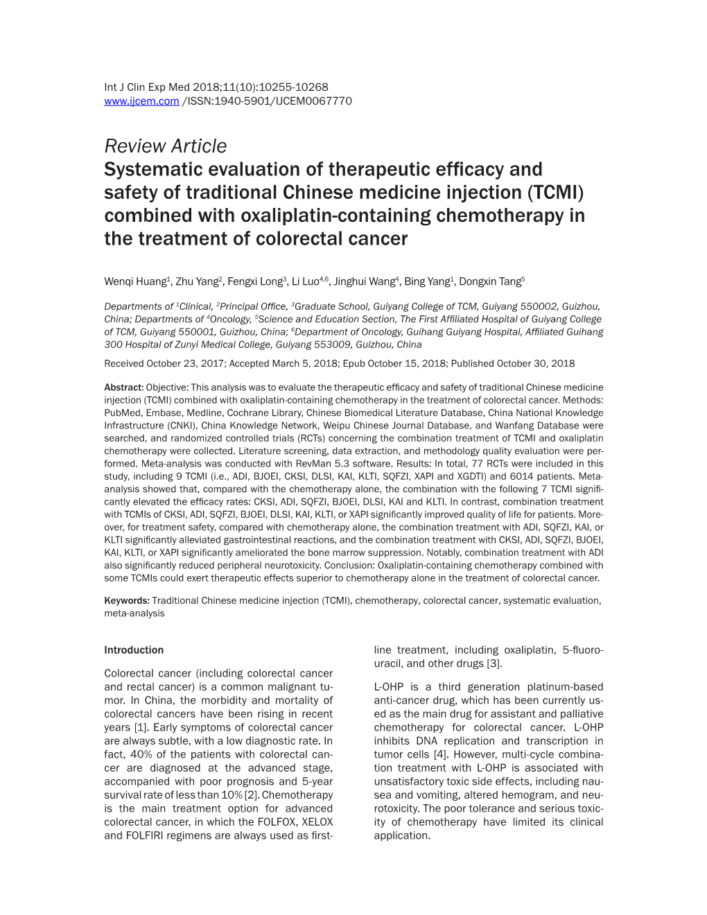 TCMI) Combined with Oxaliplatin-Containing Chemotherapy in the Treatment of Colorectal Cancer