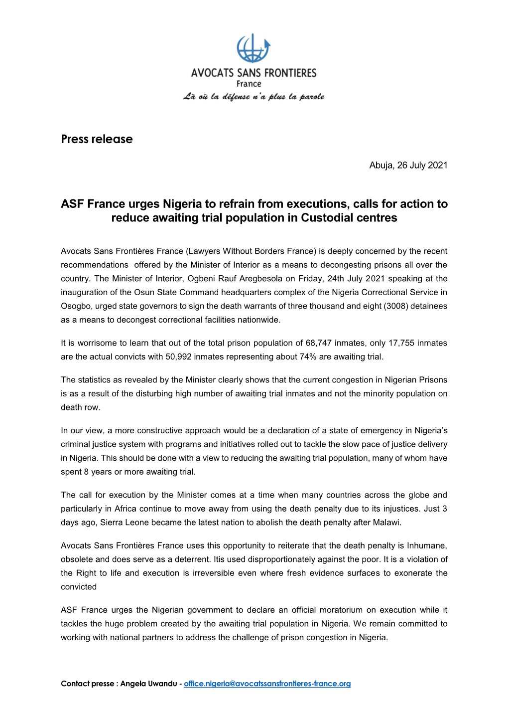 Press Release ASF France Urges Nigeria to Refrain from Executions