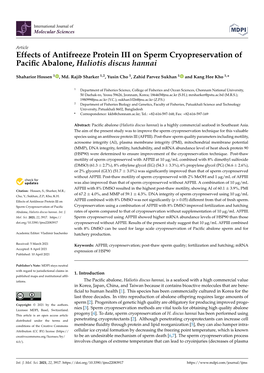 Effects of Antifreeze Protein III on Sperm Cryopreservation of Pacific Abalone, Haliotis Discus Hannai