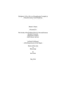 Ockeghem's Missa Mi-Mi As Hypophrygian Exemplar In