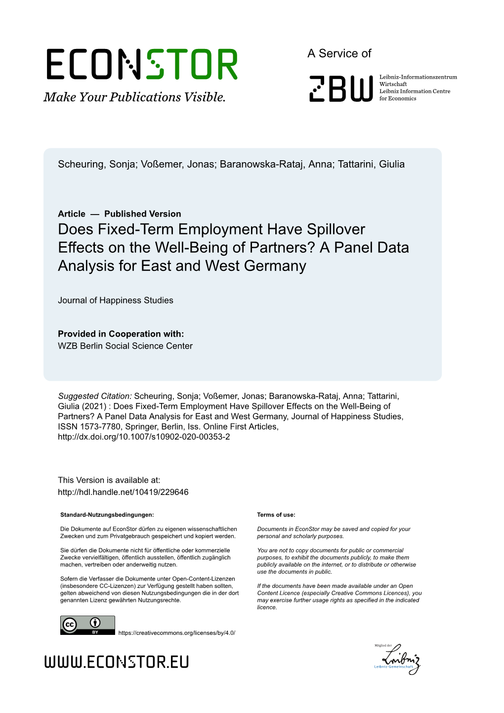 Does Fixed-Term Employment Have Spillover Effects on the Well-Being of Partners? a Panel Data Analysis for East and West Germany